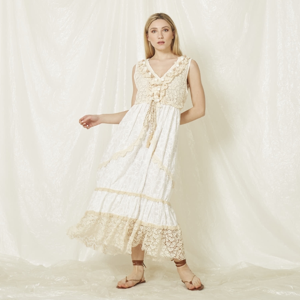 Italy White Lace Cutout Embroidered Sleeveless Maxi Dress w/ Tassels Italy